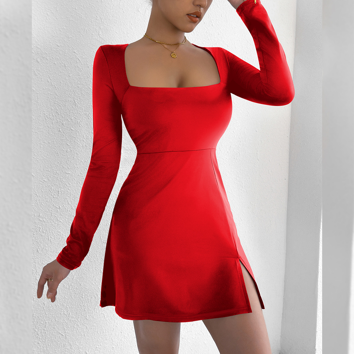 Women's Square Neck Long Sleeve Mini Dress American Style Tight Fit Sexy Fashion Casual Elegant Design For Summer_ecoleips.com