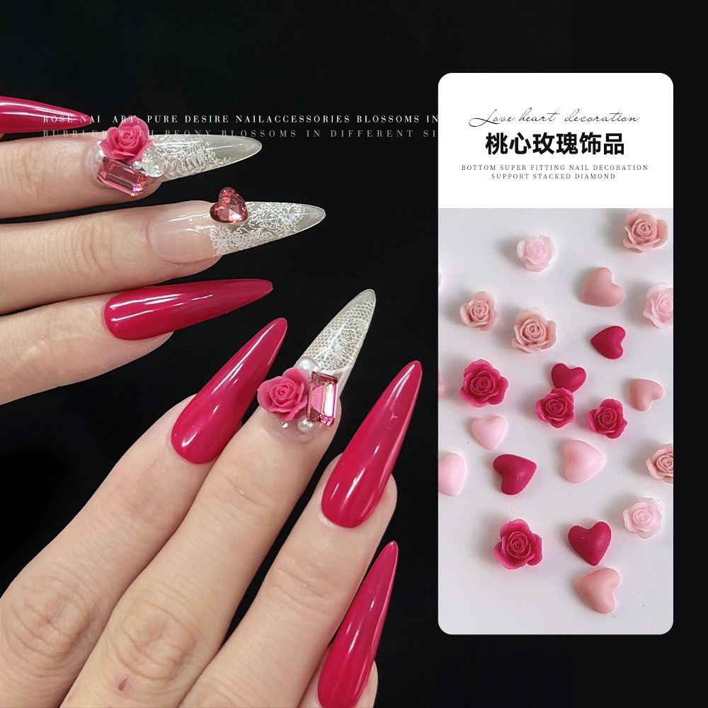 Популярные аксессуары для дизайна ногтей, смешанные розовые аксессуары для дизайна ногтей в форме персикового сердца, розы, стерео, большие и маленькие аксессуары для дизайна ногтей из смолы с бриллиантами