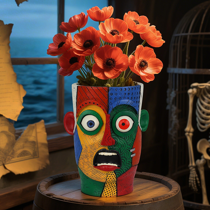 Overseas New Product Colorful Abstract Surprised Expression Human Face Resin Flower Pot Creative Expression Home Garden Planting Ornaments