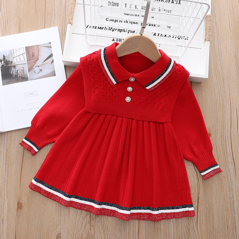 Kinder 2024 Neues Pulloverkleid Zweiteiliges Set Mädchenweste + Kleid Gestrickter Wollrock_voghion.com