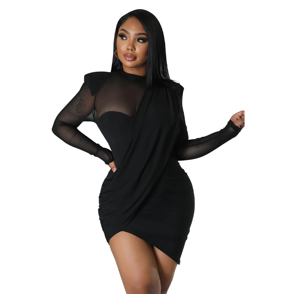 Women's Mesh Patchwork See through Appliqué Waist Cinching Dress K10381 European American Style Independent Store Clothing_ecoleips.com