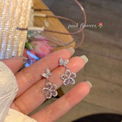 新款韩版超闪花朵蝴蝶耳坠女款时尚个性耳钉轻奢高级感锆石耳饰