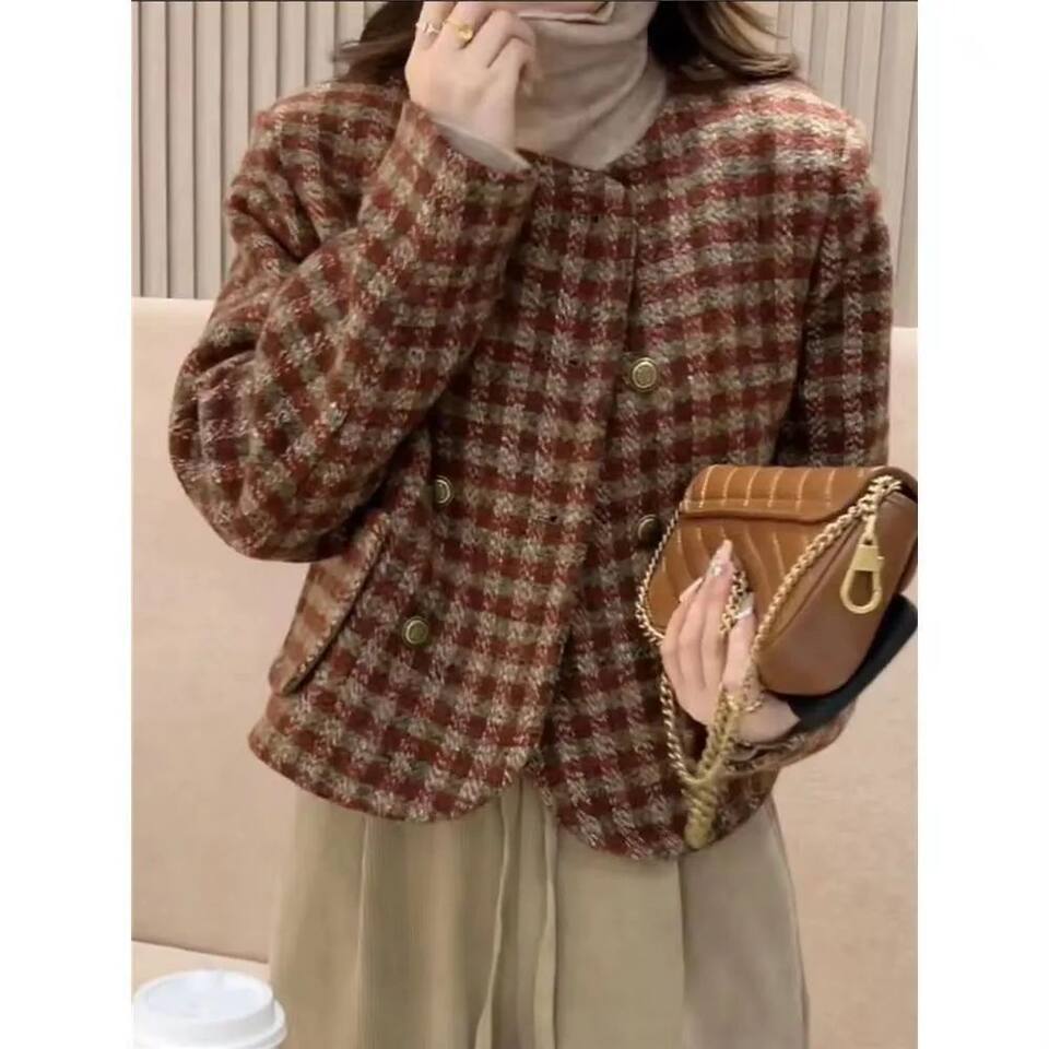 Áo khoác nữ ngắn kẻ ca rô cổ tròn tay dài phong cách thanh lịch — Mẫu chất lượng cao màu cam chi tiết 5