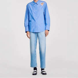 【现货】蓝色条纹衬衫女 爱心水钻装饰翻领上衣设计感小众宽松衬