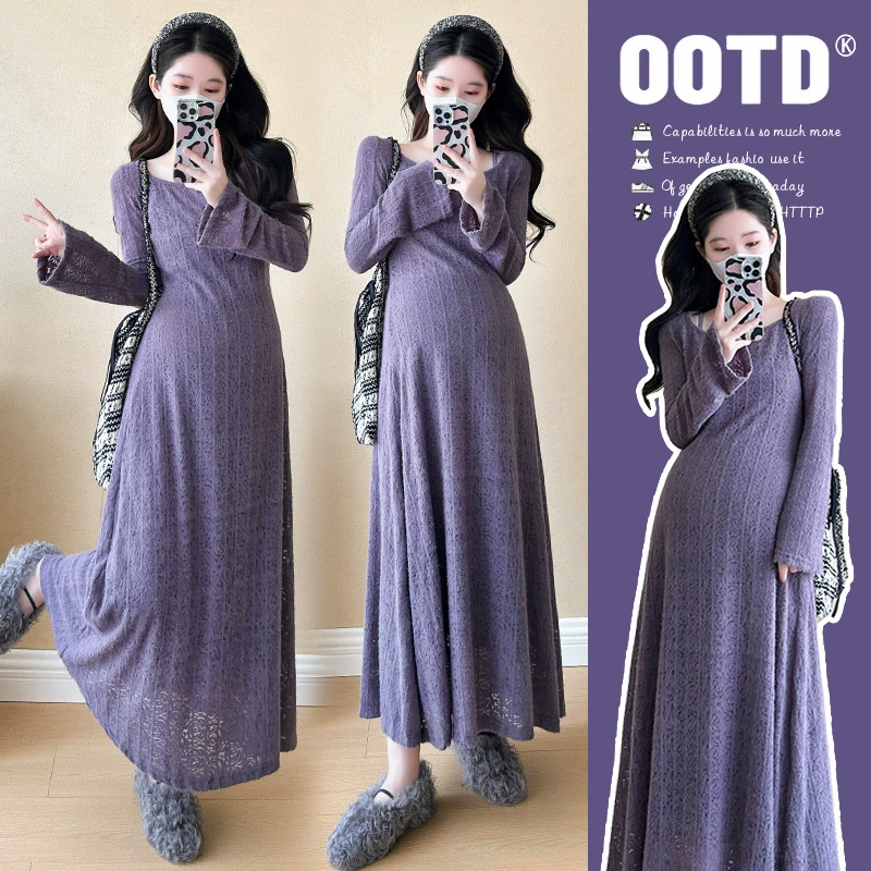 Реальный выстрел 2024 осенний продвинутый чувство тонкое с длинными рукавами платье для беременных набор из двух частей