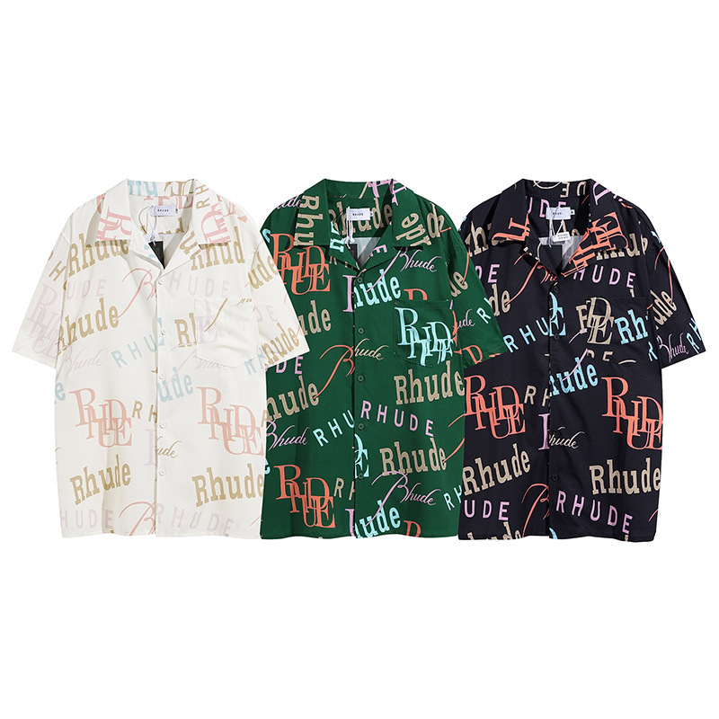 23s cross-border European and American fashion brand RHUDE full printed logo casual short sleeve shirt set men's and women's high street shirt 23s cross-border European and American fashion brand RHUDE full printed logo casual short sleeve shirt set men's and women's high street shirt