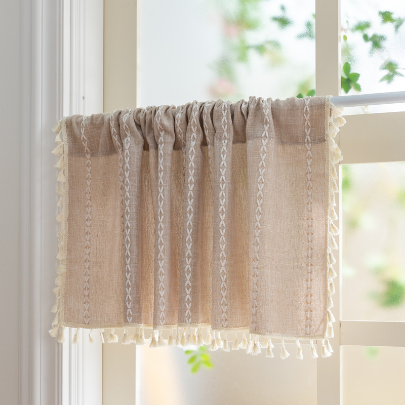 American Amazon Kitchen Curtain Coffee Short Curtain Embroidered Laundry Room Rv Punch-Free Hanging Cabinet Half Curtain