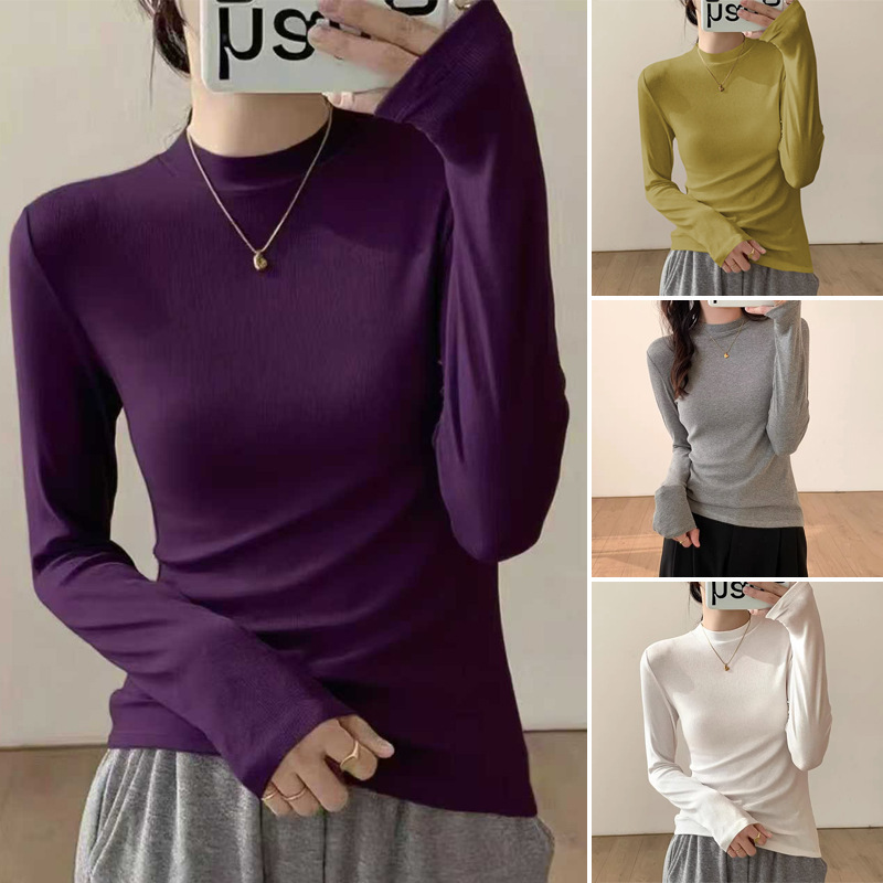 White Slim-Fit Half-High Collar Long-Sleeve T-Shirt Top for Women with a Small Stand Collar for Autumn and Winter White Slim-Fit Half-High Collar Long-Sleeve T-Shirt Top for Women with a Small Stand Collar for Autumn and Winter