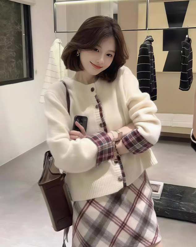 假两件格子拼接针织开衫女秋冬季软糯毛衣外套内穿搭灰色正肩上衣|undefined