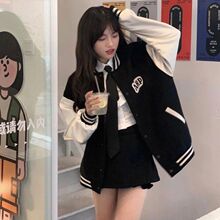 外套女2022秋冬加绒新款学院风夹克潮情侣撞色棒球服宽松百搭休闲