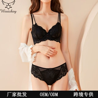 跨境法式内衣女性感超薄花卉蕾丝大码内衣大胸显小防下垂文胸套装
