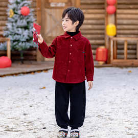 儿童拜年服新中式男童帅气汉服套装冬季宝宝过年喜庆红色加绒唐装