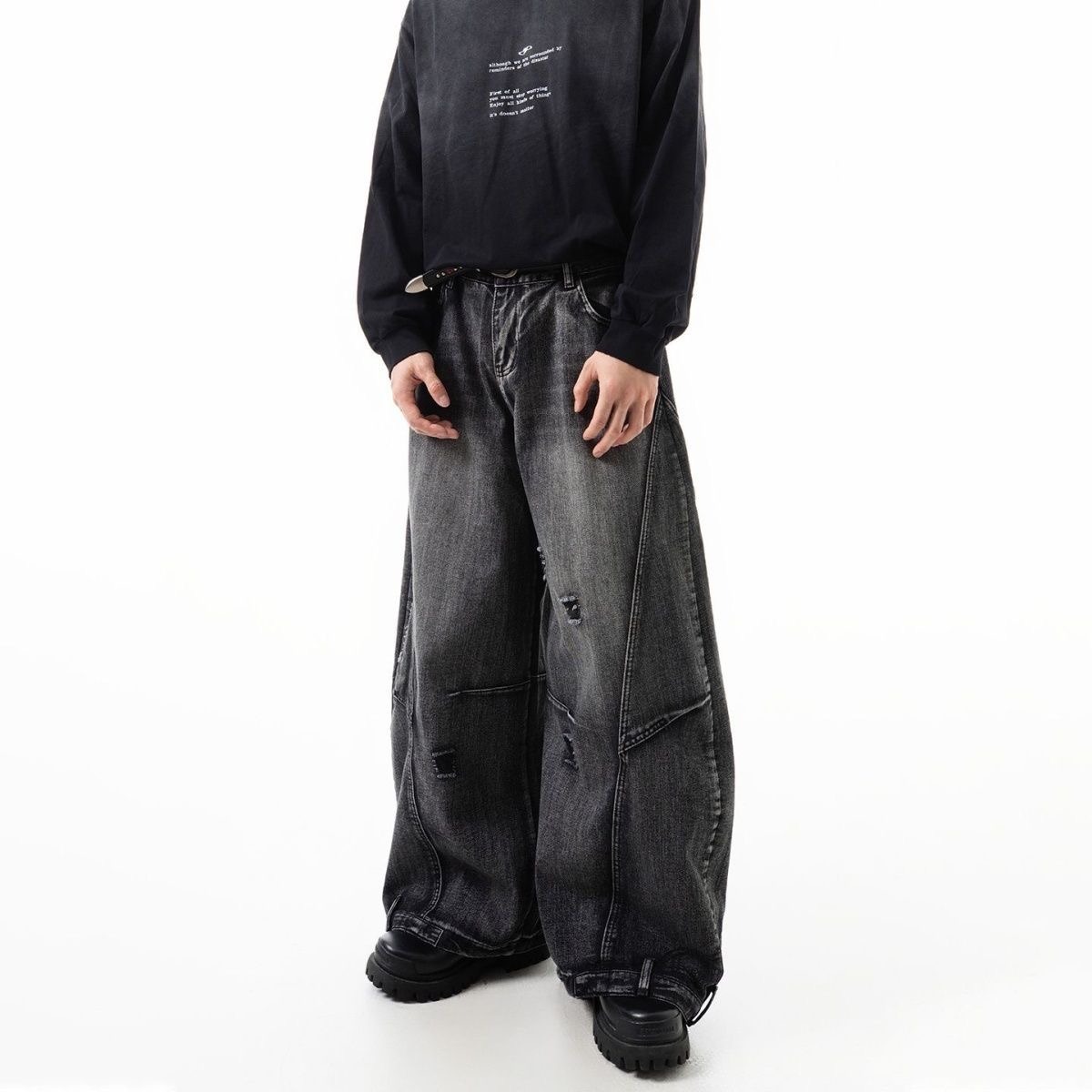 Men's Distressed Washed Denim Jeans Straight Leg High Street Vintage Style with Ripped Details_mkmklike.com