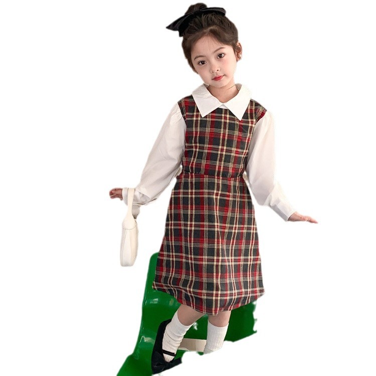 Vestido DE LOS NIÑOS 2024 primavera nuevas niñas vestido de camisa a cuadros sin espalda Medio y grandes niños niñas estilo universitario vestido falda