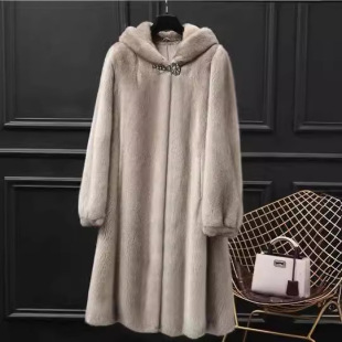 New Imitation Mink Outwear Women's Mid-Length Fur Outwear Whole Mink 2024 Winter Hooded Mother Mink Fur Mink