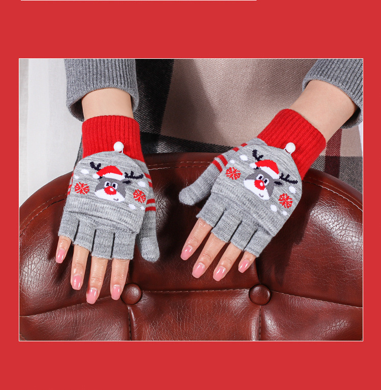 Christmas half finger clamshell Winter warm student handwriting men and women's thick warm cycling knitted gloves_maomaolike.com