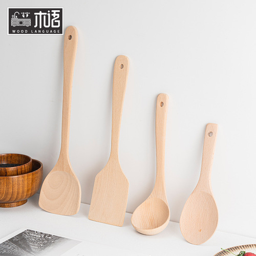 Beech paint-free and wax-free kitchen cooking wooden spatula set long handle cooking spatula wooden spoon spatula set