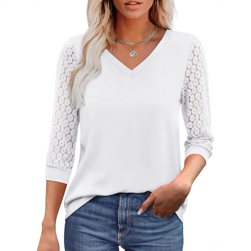 2024 Amazon Cross-Border European and American New Style Loose Hollow Lace Waist-Cinching Three-Quarter Sleeve Top Casual Solid Color V-Neck