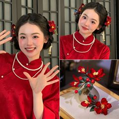 花嫁の頭飾り中国式手作りの赤い花の朝の服の髪飾り秀禾と化粧の頭飾りの漢服の頭飾りセット