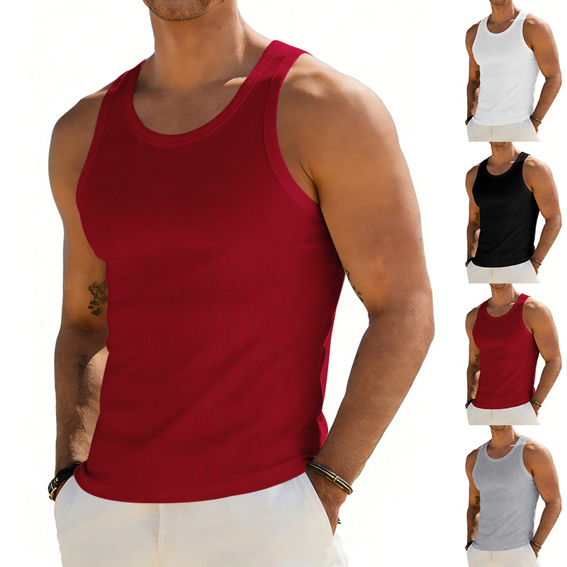2026 Cross-Border Summer Men's Ribbed Slim Fit Vest, European and American Style Fitness Muscle Weightlifting Training Breathable Sleeveless Wholesale