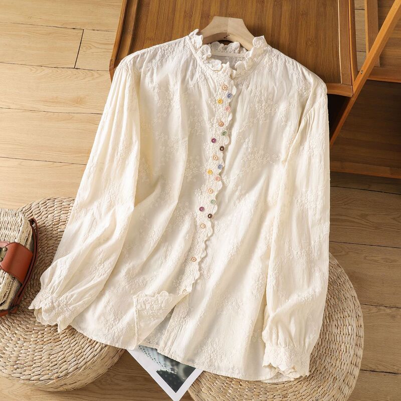 French-Style Vintage Lace Collar Embroidered Shirt for Women, 2026 Spring Mori-Style Artistic Colorful Button-Up Base Shirt Top