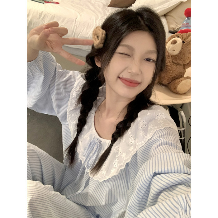 睡衣女春秋季韩版甜美蕾丝条纹云朵棉长袖长裤家居服套装学生薄款|undefined