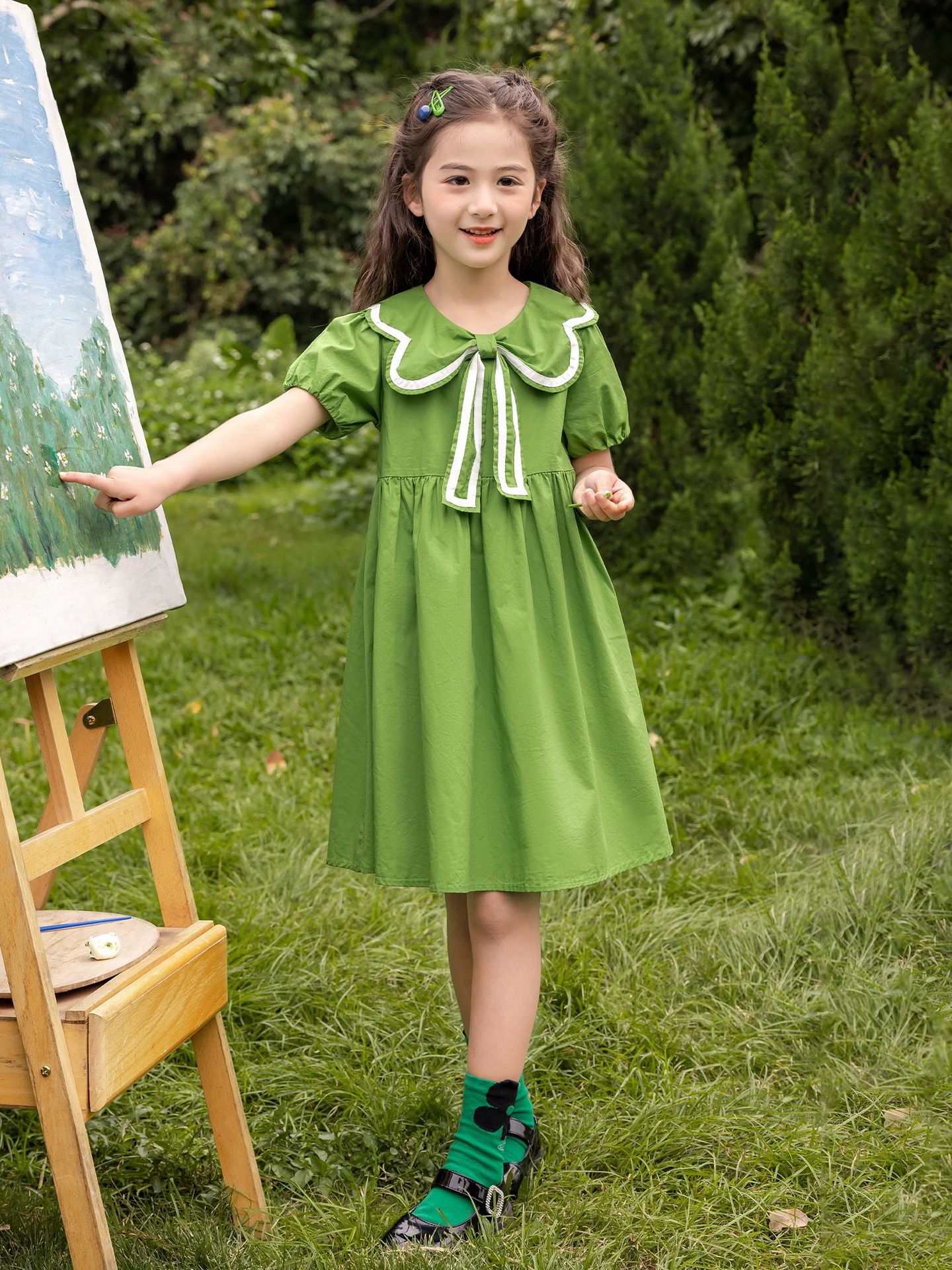 2024 New Summer Dress for Girls, Fashionable Puff Sleeves, Pure Cotton Forest Style Kidsren's Skirt, Princess Skirt