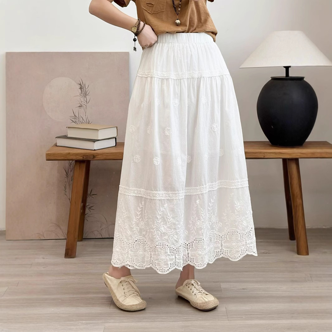 Summer New French Style Gentle Embroidered Hollow Lace Skirt Women's All-match High Waist Slim Look Large Dipped Skirt