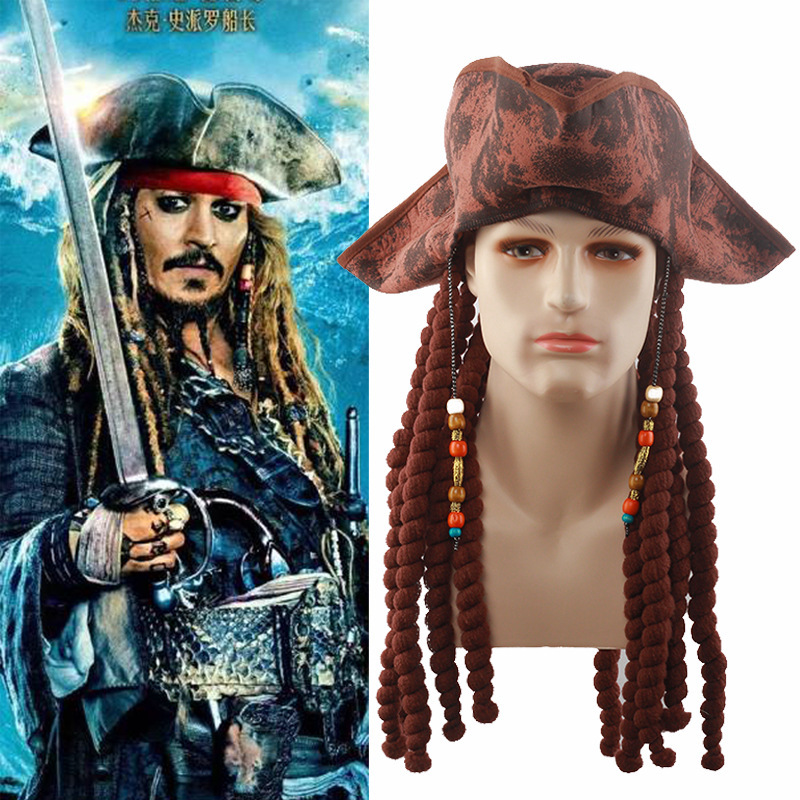 Caribbean Captain Jack Pirate Hat Wig Stage Performance Props Halloween Costume Party Triangle Hat Decoration