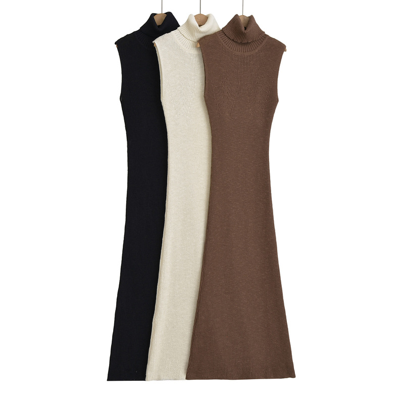Elegant High Collar Sleeveless Knitted dress Women's Autumn Waist Slim-fit Slim A- line Long Dress Hip Vest Skirt