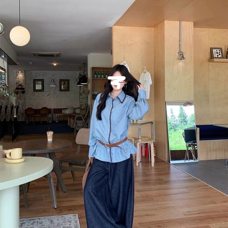 2025新款设计感撞色条纹长袖衬衫女装秋季小众休闲宽松POLO领上衣|undefined