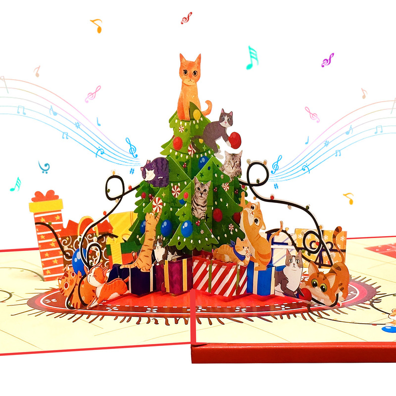 跨境立体音乐灯光圣诞贺卡圣诞树猫咪场景纸雕礼物节日手工祝福卡|undefined
