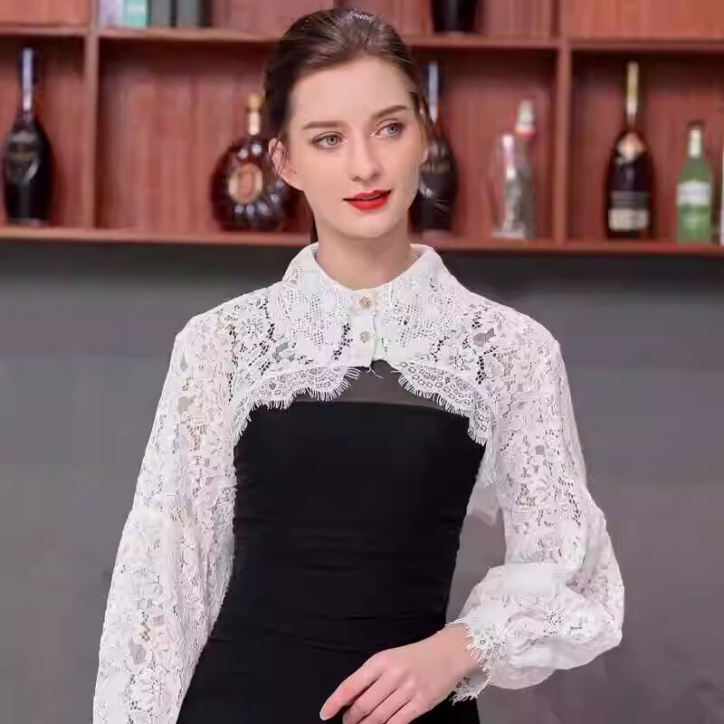 New Lace Cut Out Shawl Small Waistcoat Sun Protection Women's Cardigan with Collar and Long Sleeves Black Blouse Outer Wear