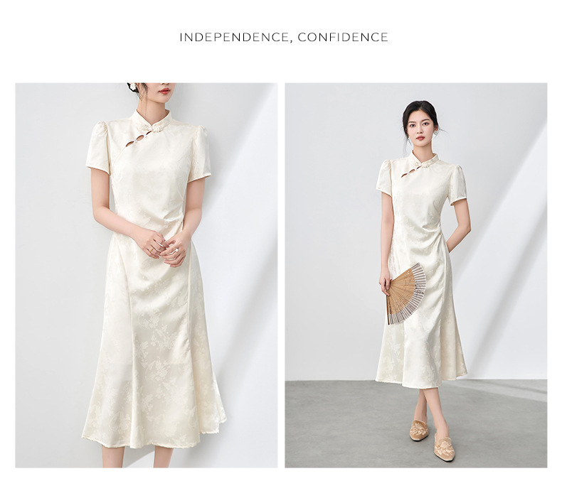 Đầm maxi nữ thắt eo phong cách sườn xám cổ điển, họa tiết phù điêu jacquard phương Đông — Màu xanh lá chi tiết 8