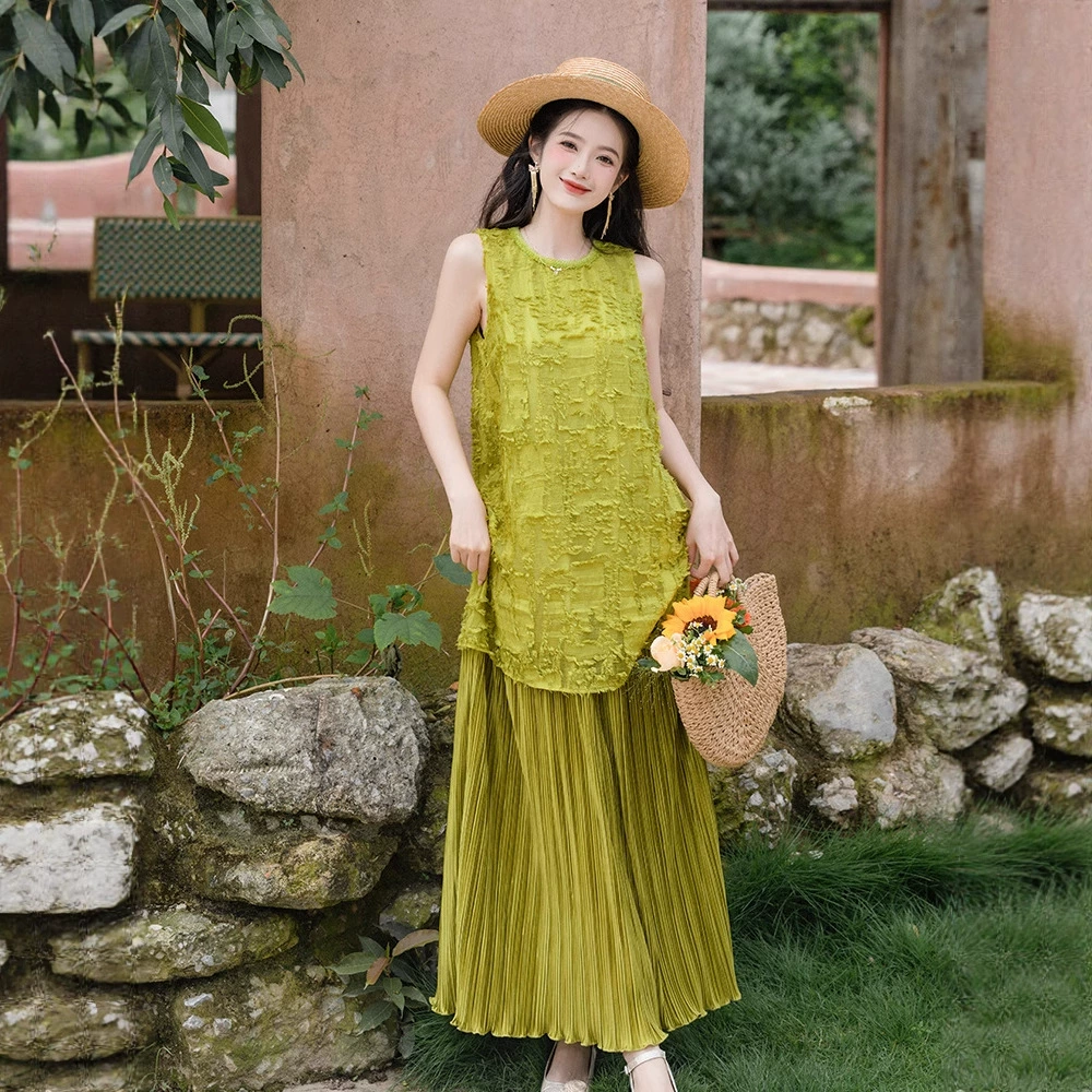 Летнее платье 2025 года в китайском стиле, ретро, элегантное, свободного кроя, имитация двухслойного платья, в стиле минимализм, длинная юбка для отдыха