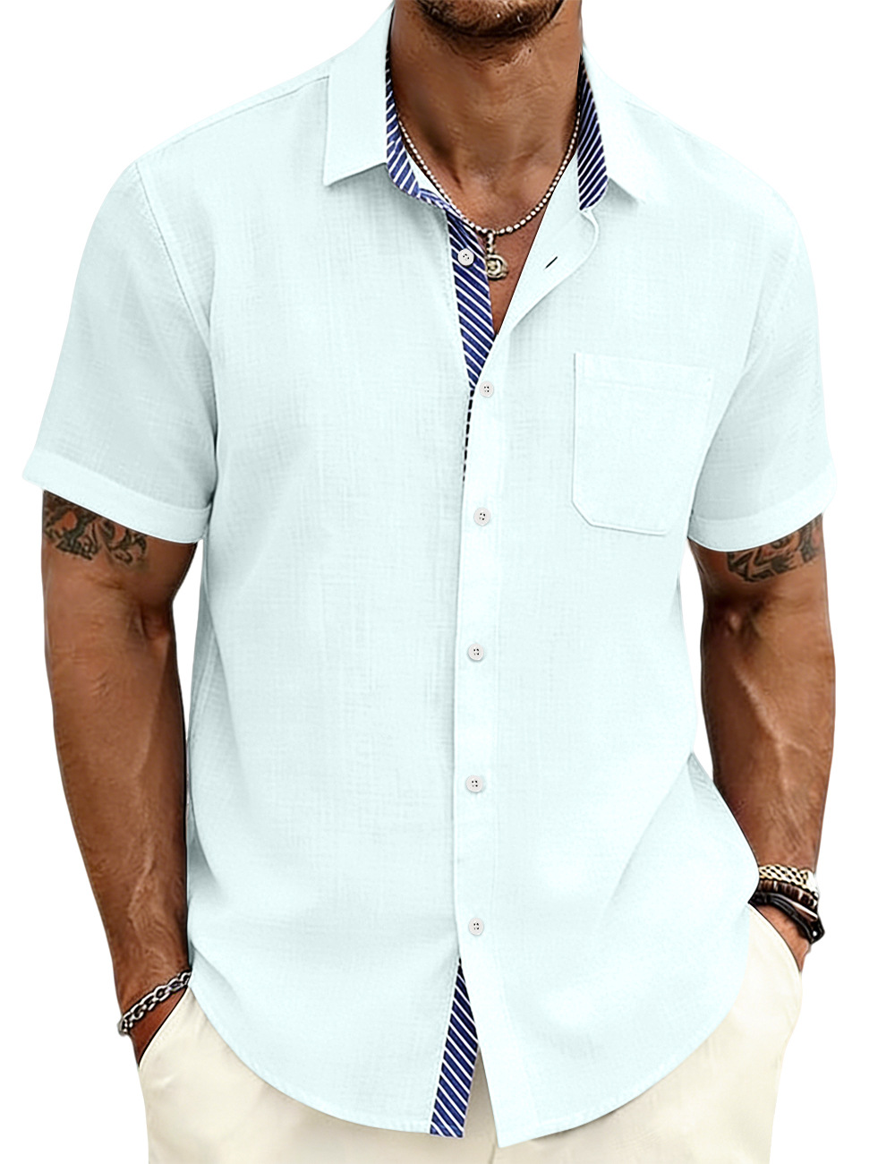 Verano europeo y americano nuevo hombre revestimiento a rayas de manga corta camisa de comercio exterior exterior casual europea americana