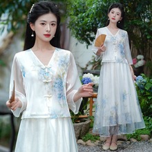 实拍新中式水墨印染女装中国风年轻款改良汉服套装禅意茶艺服夏款