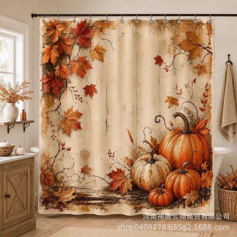 Autumn Pumpkin Maple Leaf Waterproof Shower Curtain, Vintage Farmhouse Style Bathroom Curtain with 12 Hooks, Waterproof Shower Curtain Autumn Pumpkin Maple Leaf Waterproof Shower Curtain, Vintage Farmhouse Style Bathroom Curtain with 12 Hooks, Waterproof Shower Curtain