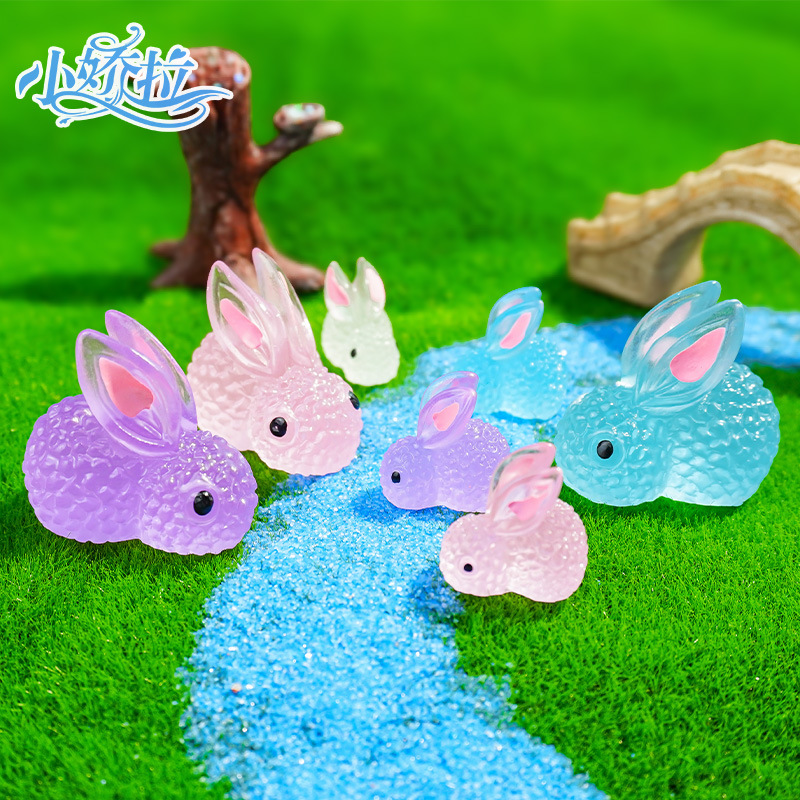 Adornos de micro paisajes, dibujos animados de animales lindos, conejitos de colores brillantes, conejitos luminosos, accesorios de resina vegetal para jardinería
