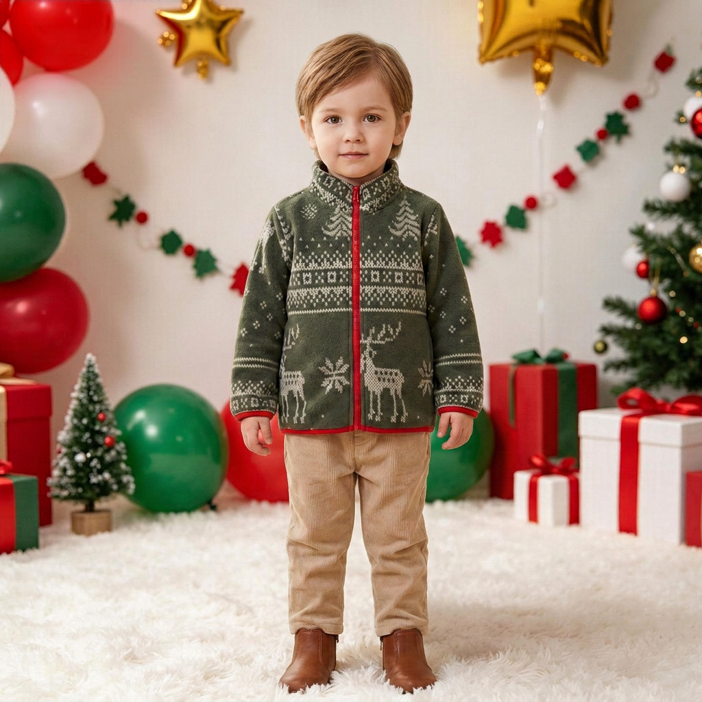 2026 Fall/Winter New Children's Stand Collar Fleece Jacket with Christmas Snowflake and Reindeer Print for Boys