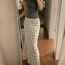 爆款韩系白色夏季度假蝴蝶结印花蕾丝高腰碎花鱼尾半身裙长裙显瘦