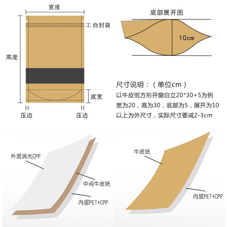 Ventana de bolsa de papel kraft engrosada autoportante bolsa de autosellado en stock bolsa de té al por mayor envasado de alimentos bolsa de plástico logo