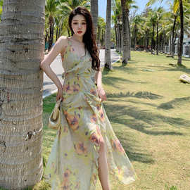 复古油画印花领长裙旗袍连衣裙度假连衣裙性感吊带法式图片色