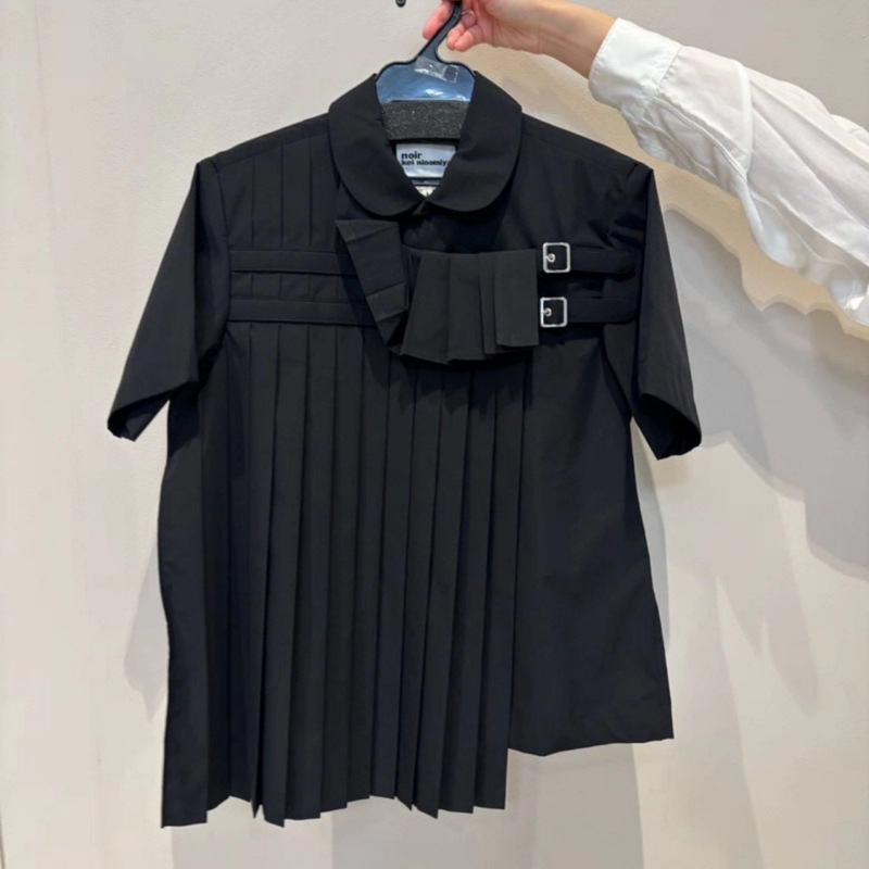 Cdg Kzyu Series 2026 Spring and Summer New Style Preppy Style Pleated Shirt Short-Sleeved Doll Collar Double-Button Top for Women Cdg Kzyu Series 2026 Spring and Summer New Style Preppy Style Pleated Shirt Short-Sleeved Doll Collar Double-Button Top for Women
