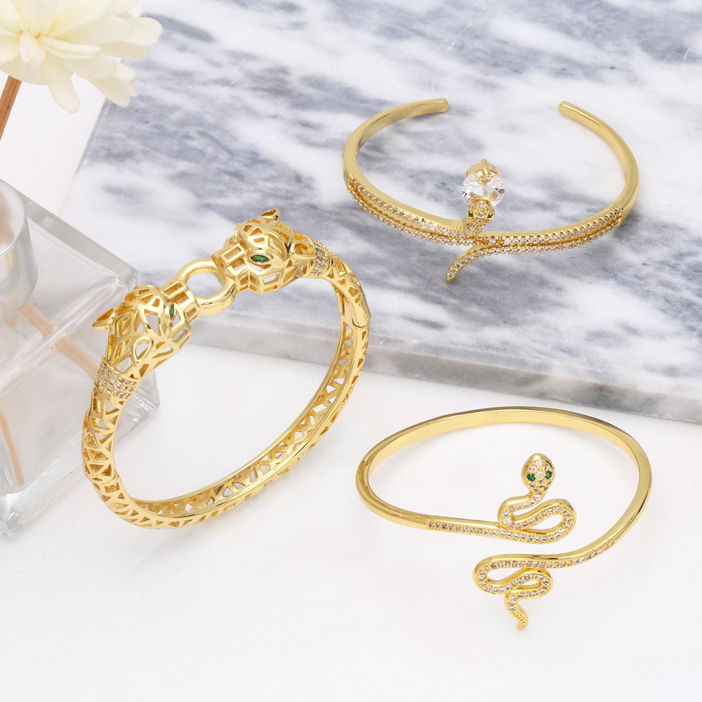 fashion zircon snake bracelet diamond hollow leopard head copper bracelet