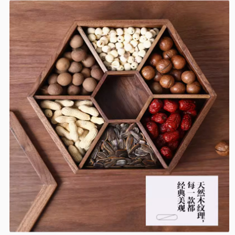 Placa de fruta seca hexagonal de nogal negro Placa de aperitivo atmosférica de alta gama sala de estar creativa rejilla Placa de tuerca hogar madera maciza