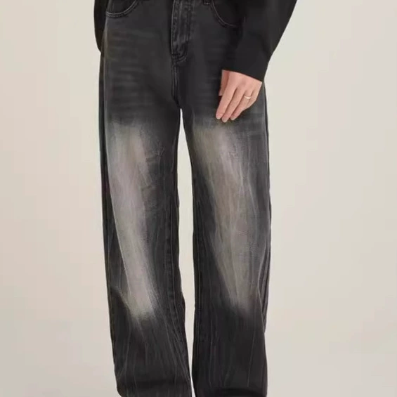 Складка старый дизайн джинсы мужские высокие улицы, американский ретро прилив, свободные прямые брюки, ретро релаксация