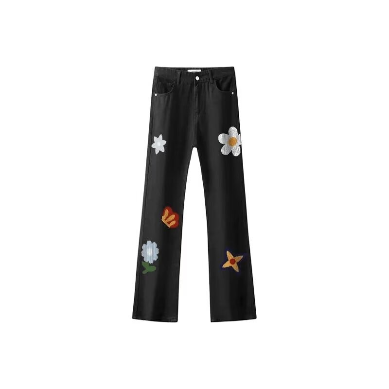 Foreign Trade American Retro High Street Imitation Embroider Plant Flower Pattern Scimitar Pants Washed Distressed Mid-Waist Jeans for Men
