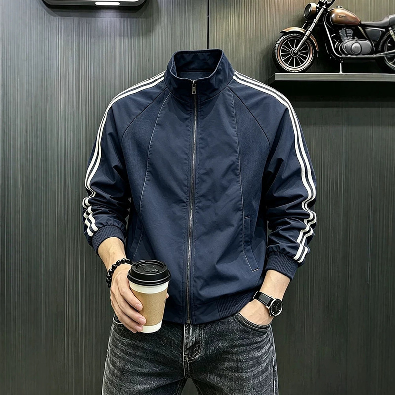 Navy blue three-stripe stand-up collar jacket, men's autumn deconstructed patchwork baseball jacket, cleanfit bomber jacket Navy blue three-stripe stand-up collar jacket, men's autumn deconstructed patchwork baseball jacket, cleanfit bomber jacket