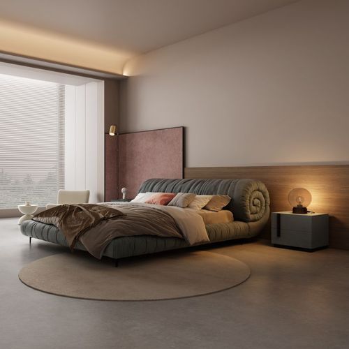 w! Italian roll-wrapped fabric bed technology cloth master bedroom double bed modern simple wabi-sabi style tatami floor cream